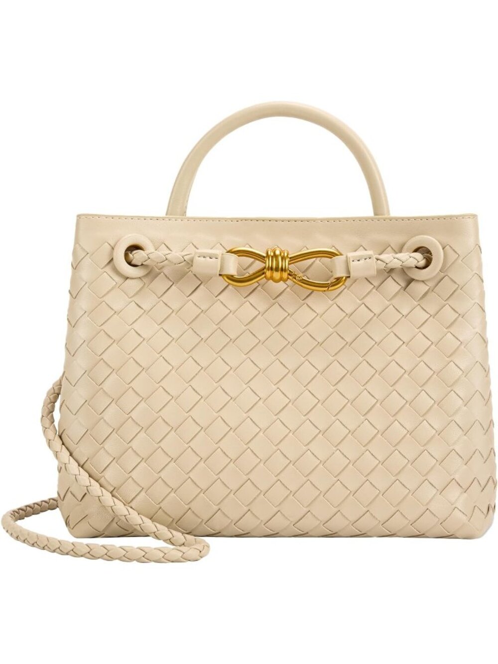 Women's Sand Color Woven Leather Tote Handle Designer Handbag Shoulder Bag